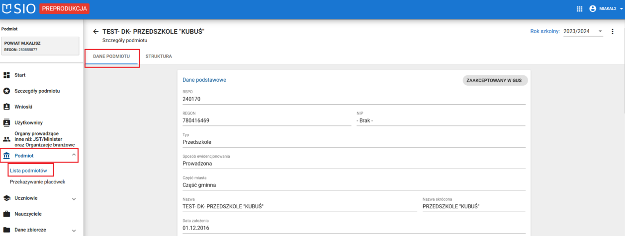 Okno z zaznaczonym modułem podmiot