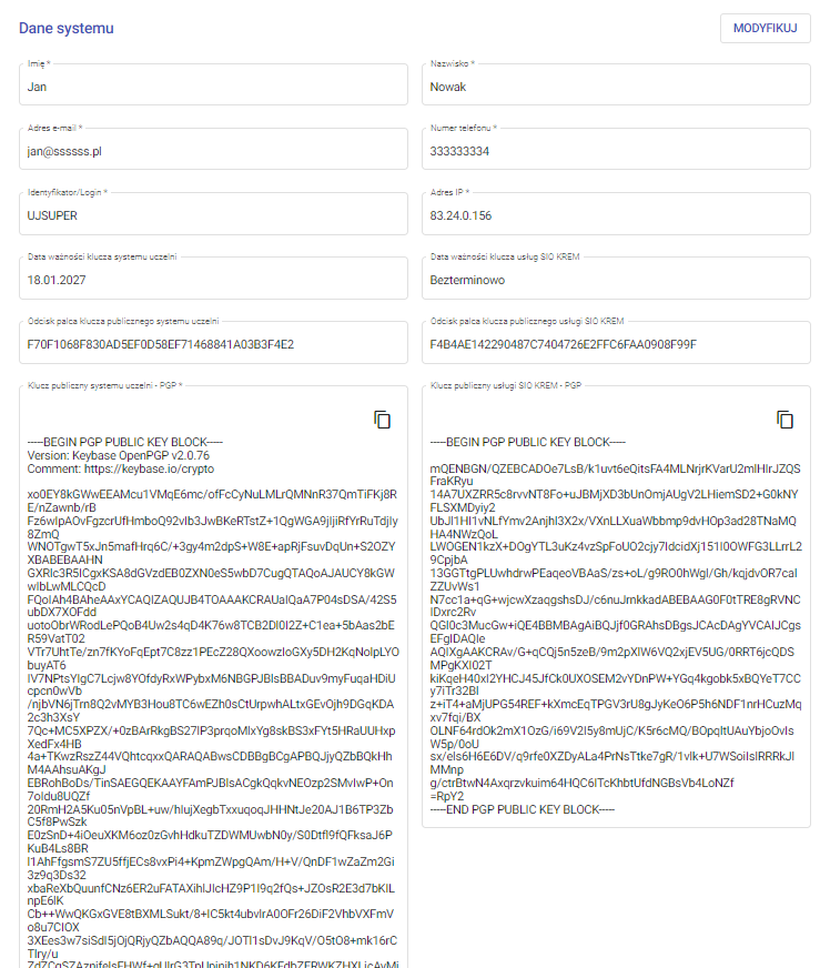 Widok konfiguracji klucza PGP