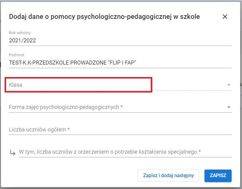 formularz dodaj dane o pomocy psychologiczno-pedagogicznej w szkole z nieaktywnym wierszem klasa