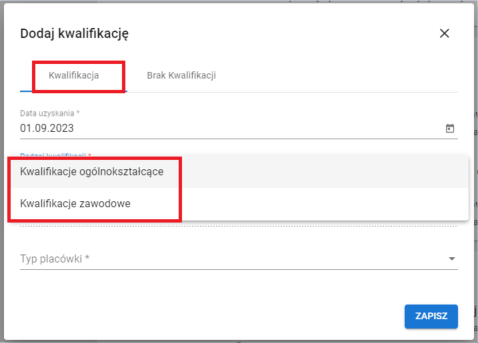 formularz "dodaj kwalifikację" zakładka "kwalifikacja" z możliwością wybrania kwalifikacji ogólnokształcących lub zawodowych