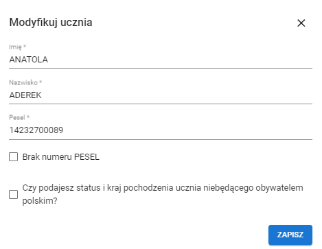 Okno danych identyfikacyjnych po uzupełnienieniu numeru pesel podczas modyfikacji danych ucznia