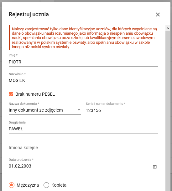 okno formularza rejestracji ucznia z polami do wypełnienia