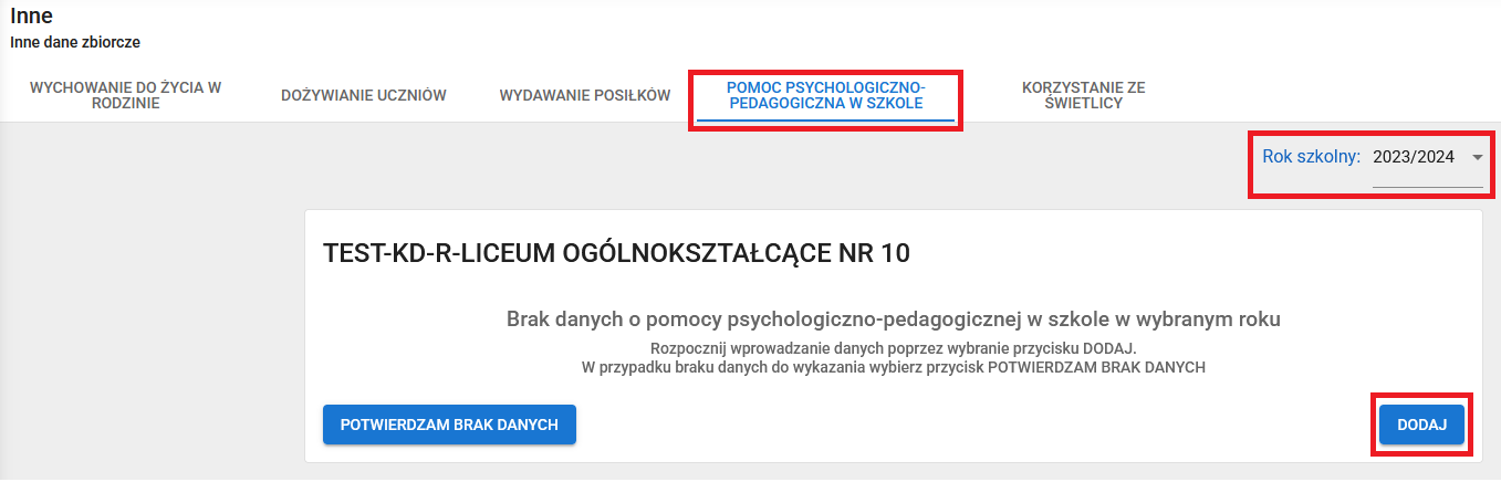 okno pomoc psychologiczno-pedagogiczna z oznaczonym rokiem szkolnym oraz przyciskiem dodaj