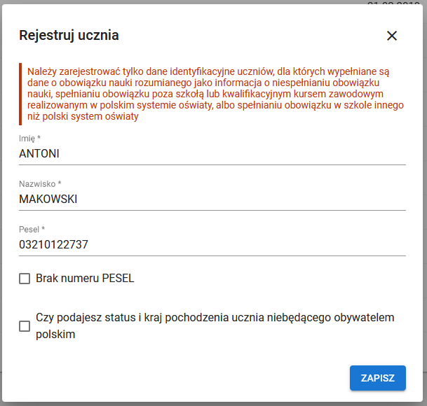 okno rejestracji ucznia z przyciskiem zapisz