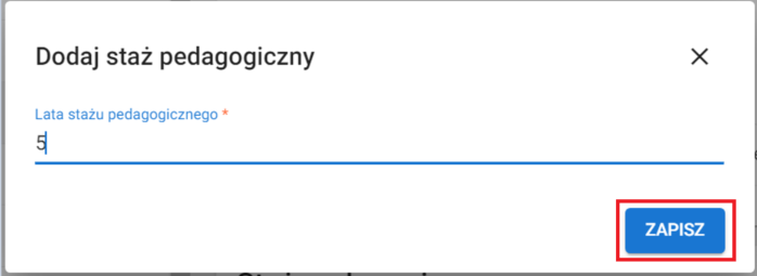 Okno z widokiem na dodawanie stażu