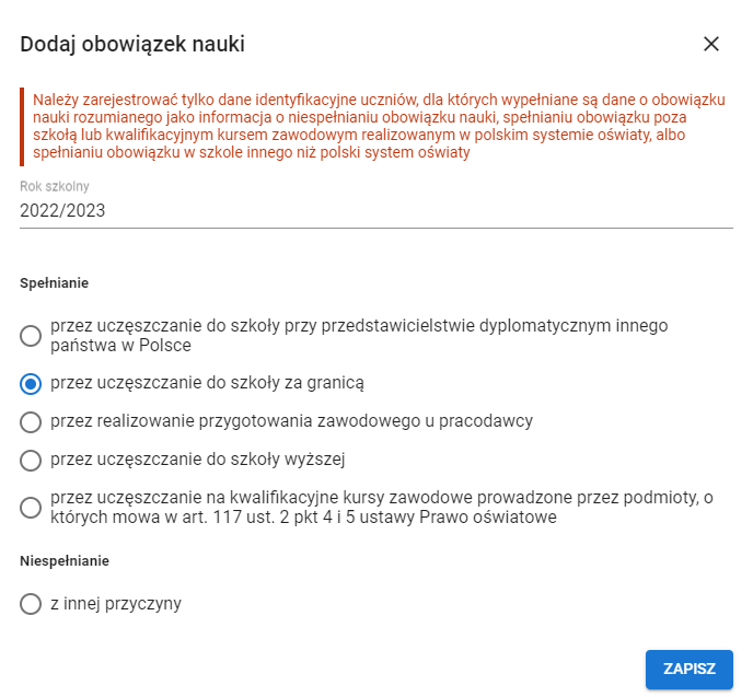 Okno z widokiem na formularz dodania obowiązku nauki z przyciskiem zapisz