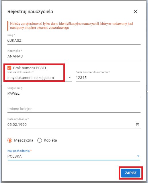 okno z widokiem na formularz który należy wypełnić odpowiednimi danymi