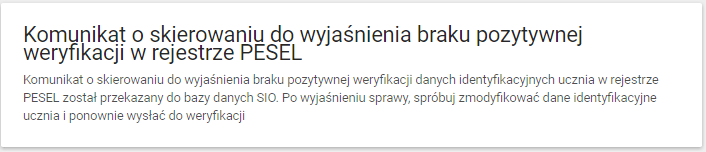 Okno z widokiem na komunikat o skierowaniu danych do wyjaśnienia w rejestrze pesel