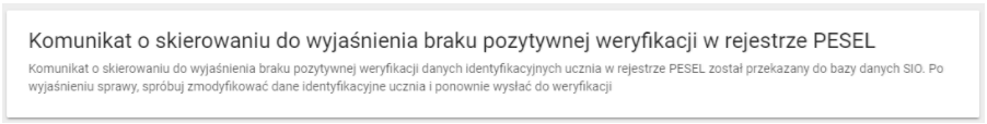 okno z widokiem na komunikat o skierowaniu do wyjaśnienia braku pozytywnej weryfikacji z rejestrze pesel