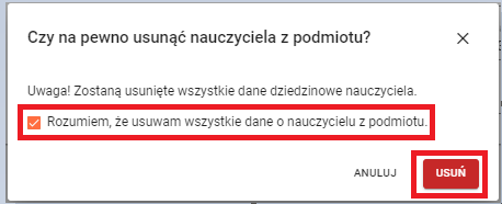 okno z widokiem na komunikat potwierdzający usunięcie nauczyciela