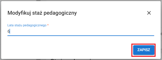 Okno z widokiem na modyfikacje stażu