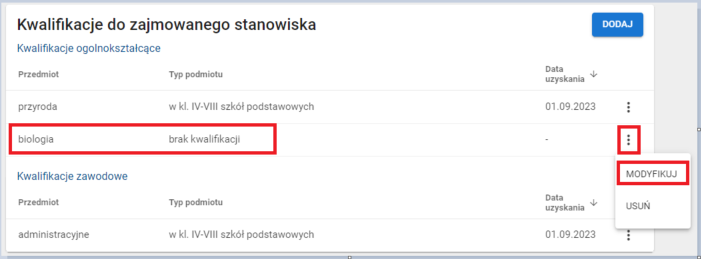 okno z widokiem na możliwość dokonania modyfikacji kwalifikacji