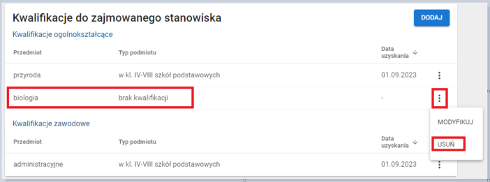okno z widokiem na możliwość dokonania usunięcia kwalifikacji