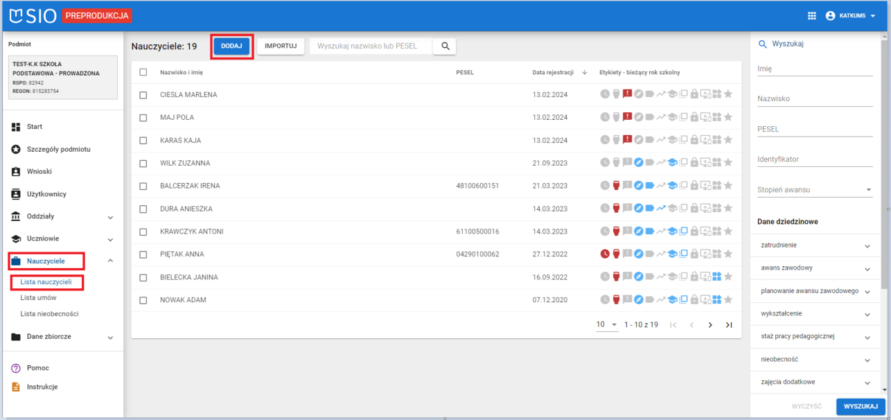 Okno z widokiem na możliwość rejestracji danych identyfikacyjnych nauczyciela po wybraniu listy nauczycieli i przycisku dodaj