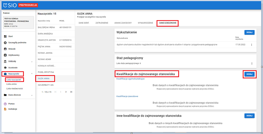 okno z widokiem na możliwość rejestracji kwalifikacji nauczyciela