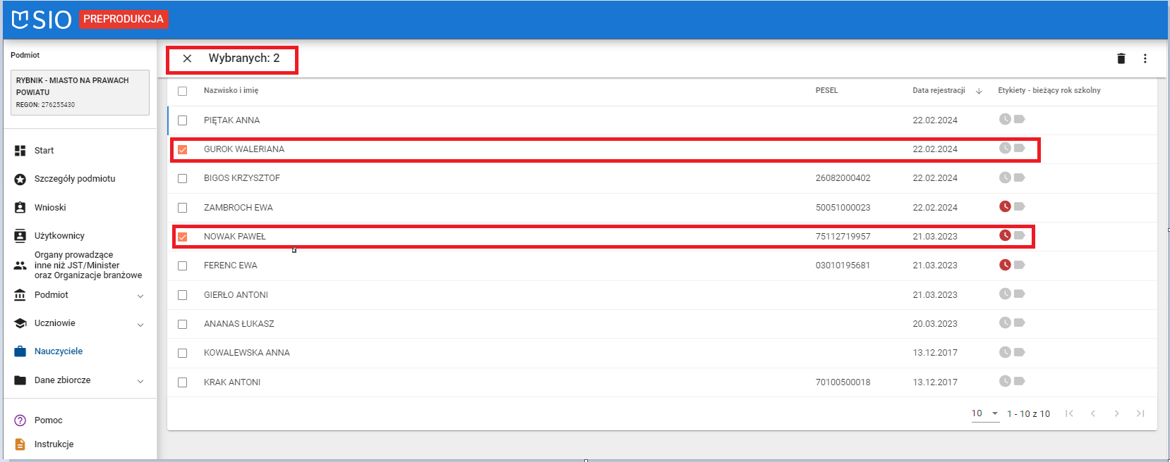 okno z widokiem na możliwość usunięcia jednego lub wielu nauczycieli z listy nauczycieli 