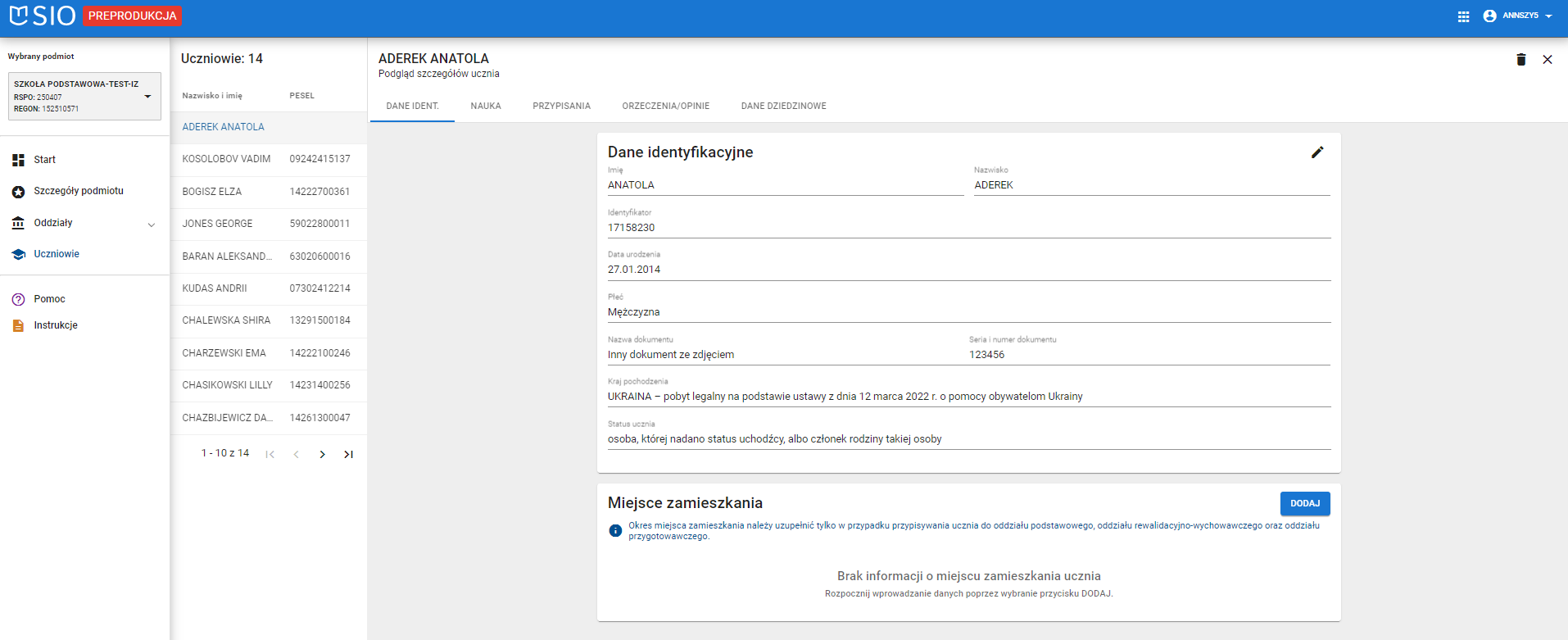 okno z widokiem na podgląd danych identyfikacyjnych ucznia