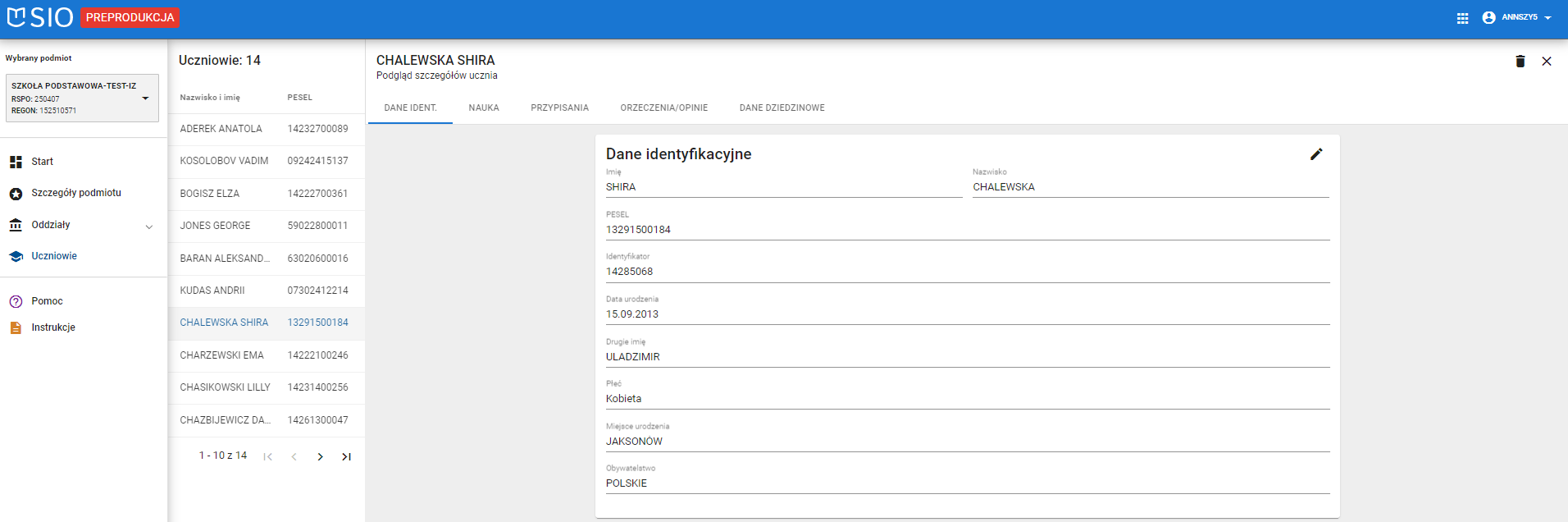 okno z widokiem na podgląd danych identyfikacyjnych ucznia