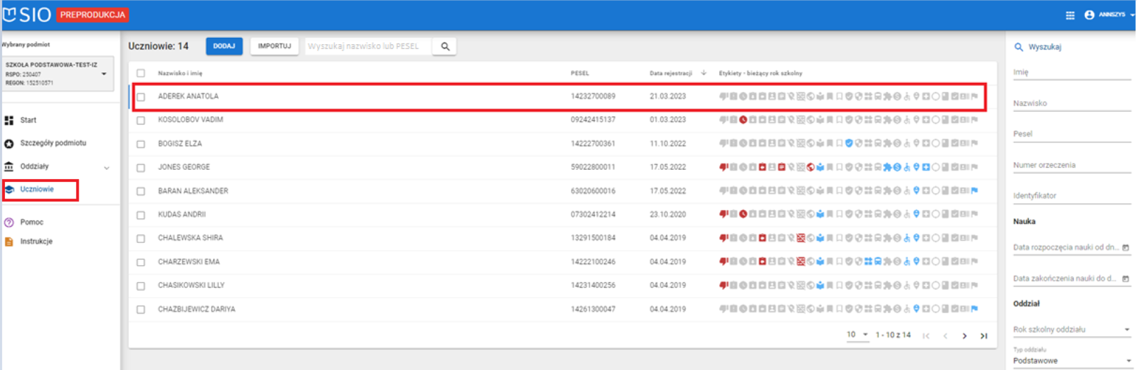 Okno z widokiem na podgląd szczegółów zmodyfikowanych danych ucznia