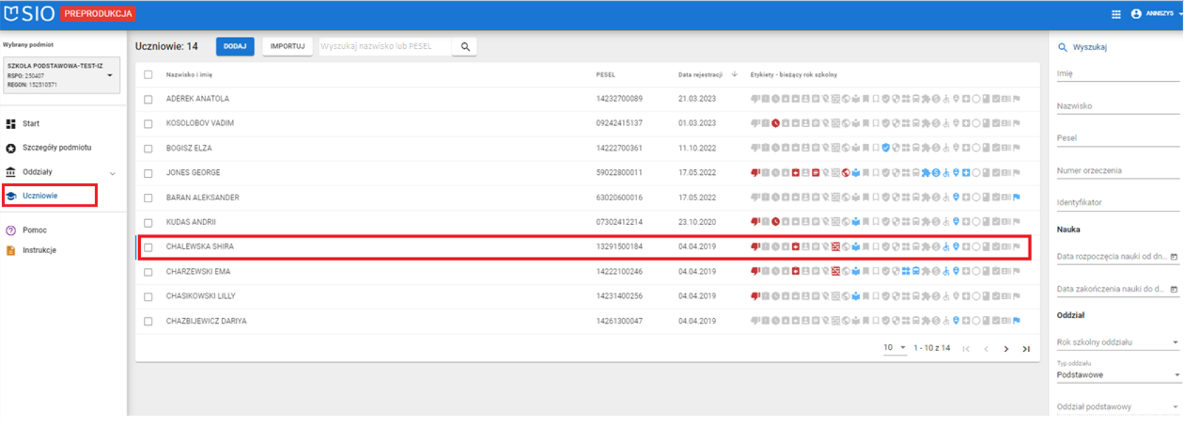 okno z widokiem na podgląd zmienionych danych identyfikacyjnych ucznia