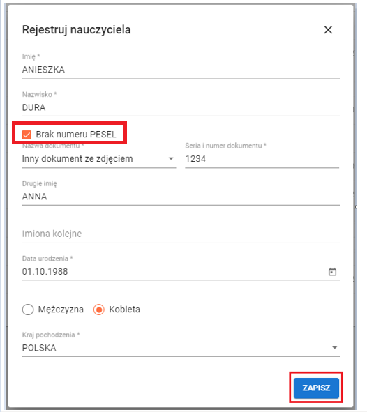 okno z widokiem na rejestrację nauczyciela z brakiem numeru pesel