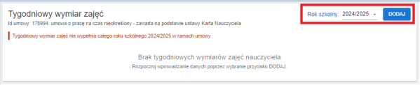 okno z widokiem na rejestracje tygodniowego wymiaru zajęć na wybrany rok szkolny