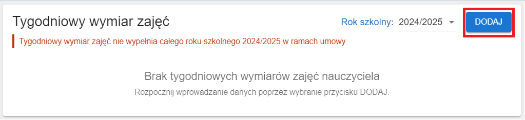 okno z widokiem na rejestracje tygodniowego wymiaru zajęć na wybrany rok szkolny