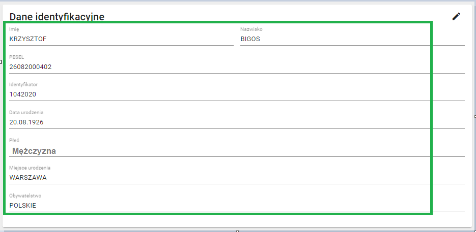 okno z widokiem na szczegóły danych identyfikacyjnych