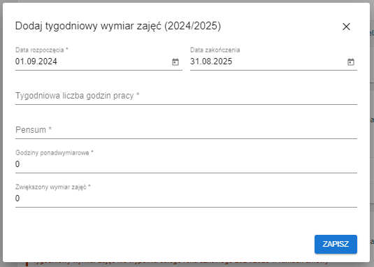 okno z widokiem na szczegóły tygodniowego wymiaru zajęć