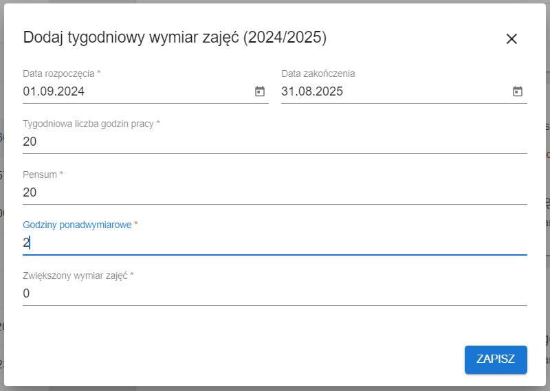 okno z widokiem na szczegóły tygodniowego wymiaru zajęć