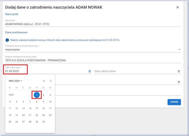 okno z widokiem na wprowadzoną datę rozpoczęcia umowy