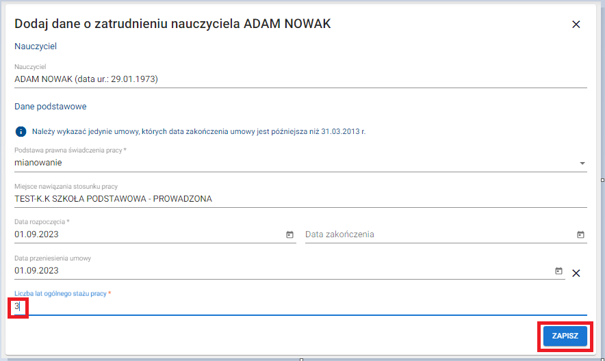 okno z widokiem na wprowadzoną ogólną liczbę lat stażu pracy