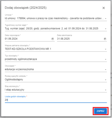 okno z widokiem na wprowadzone dane obowiązku