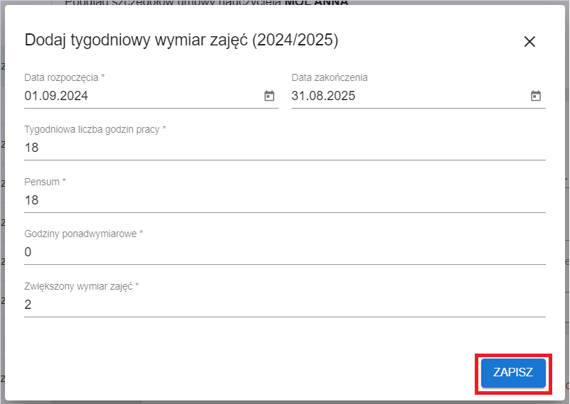okno z widokiem na wprowadzone dane tygodniowego wymiaru zajęć