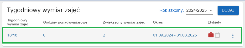 okno z widokiem na wprowadzone dane tygodniowego wymiaru zajęć