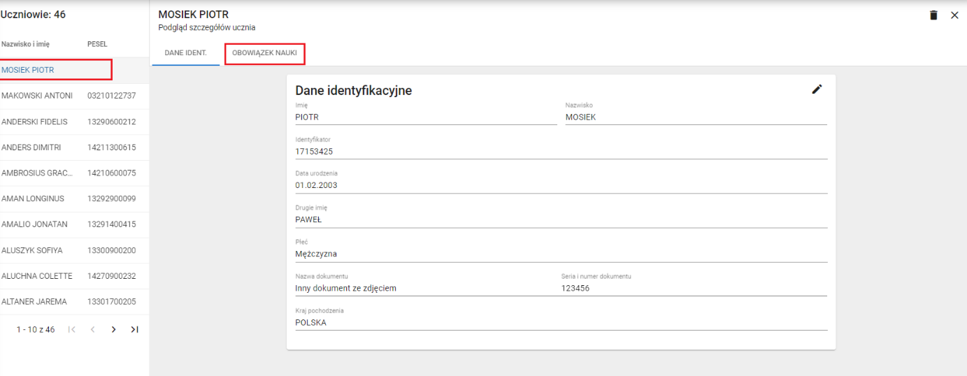 Okno z widokiem na zakładkę obowiązek nauki u wybranego ucznia