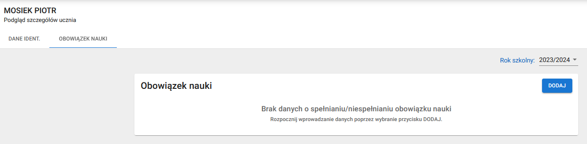 Okno z widokiem na zakładkę obowiązek nauki u wybranego ucznia z przyciskiem dodaj