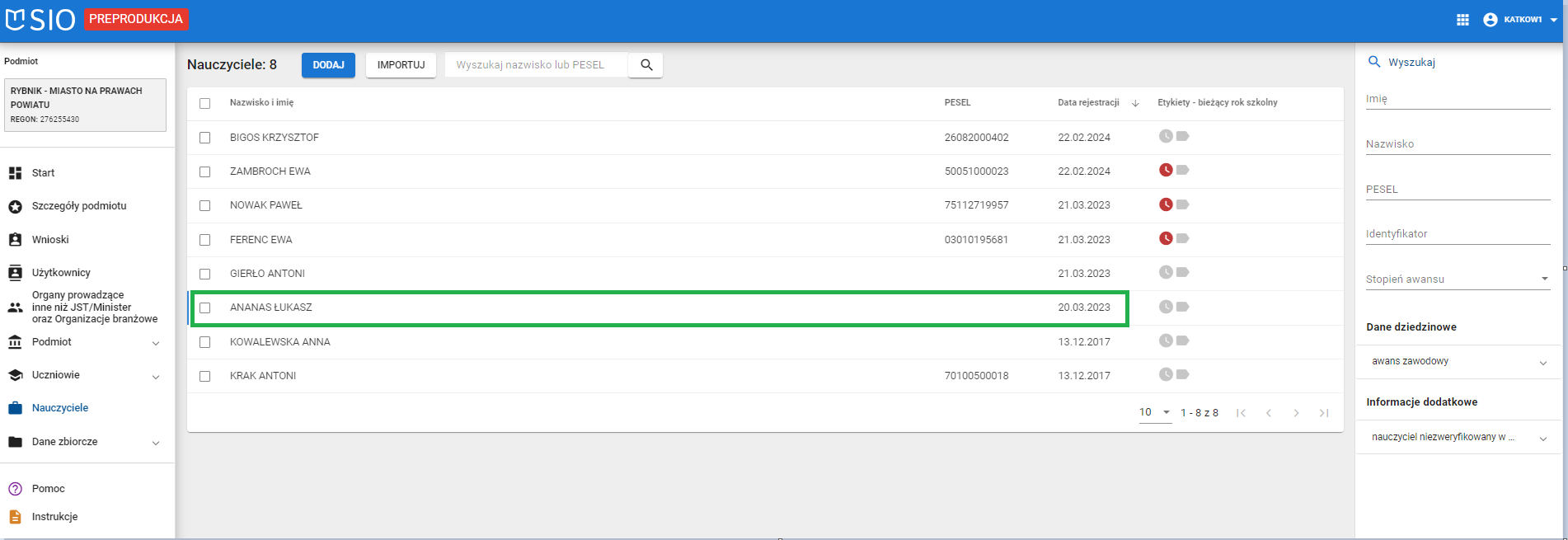 okno z widokiem na zapisane dane identyfikacyjne
