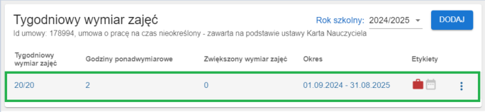 okno z widokiem na zapisane dane tygodniowego wymiaru zajęć
