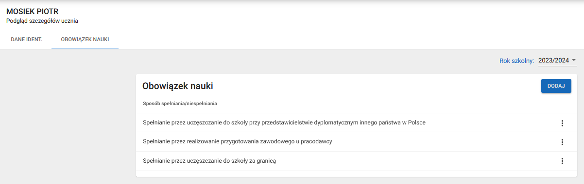 Okno z widokiem na zapisany obowiązek nauki u wybranego ucznia