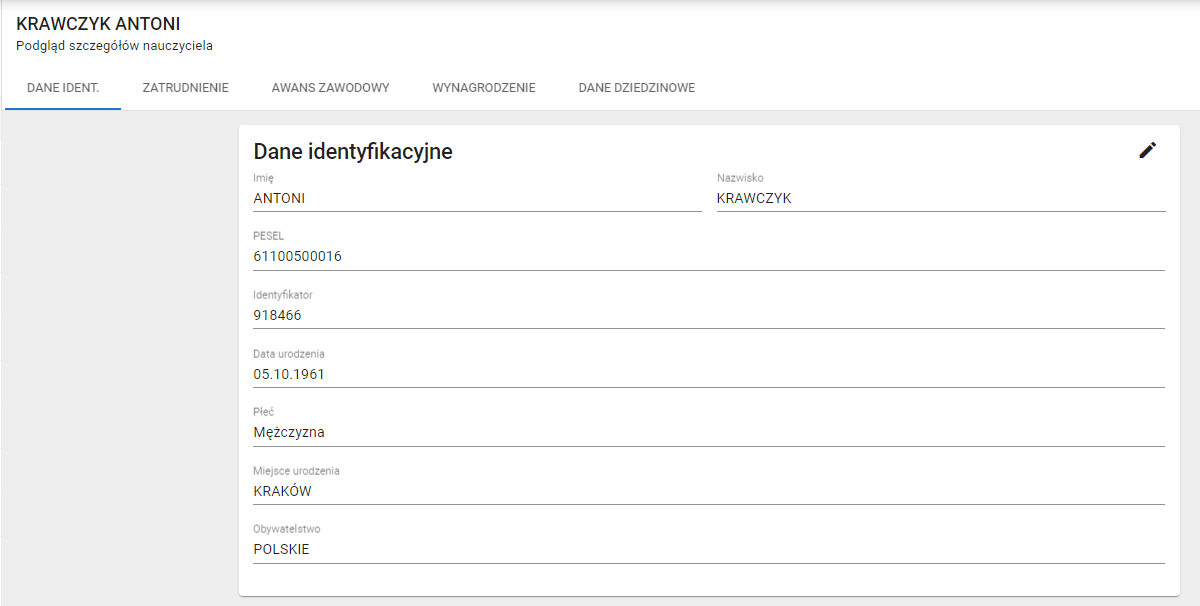 okno z widokiem na zarejestrowane dane nauczyciela posiadającego numer pesel