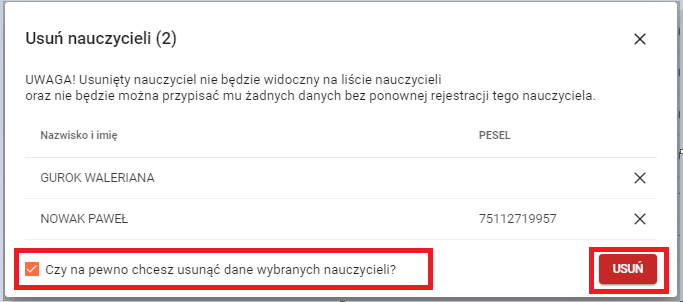 okno z widokiem na  zaznaczonych nauczycieli którzy mają zostać usunięci