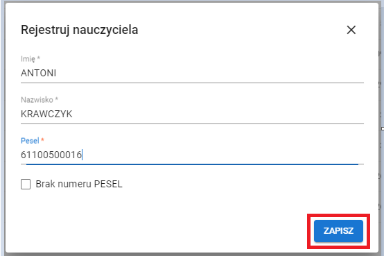 okno z widokiem rejestracji nauczyciela z numerem pesel
