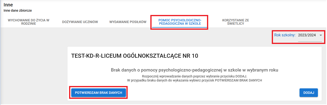 okno z zaznaczoną opcją potwierdzam brak danych