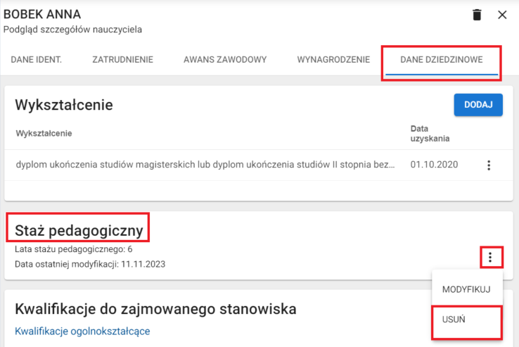 Widok na dane stażu z opcją Usuń