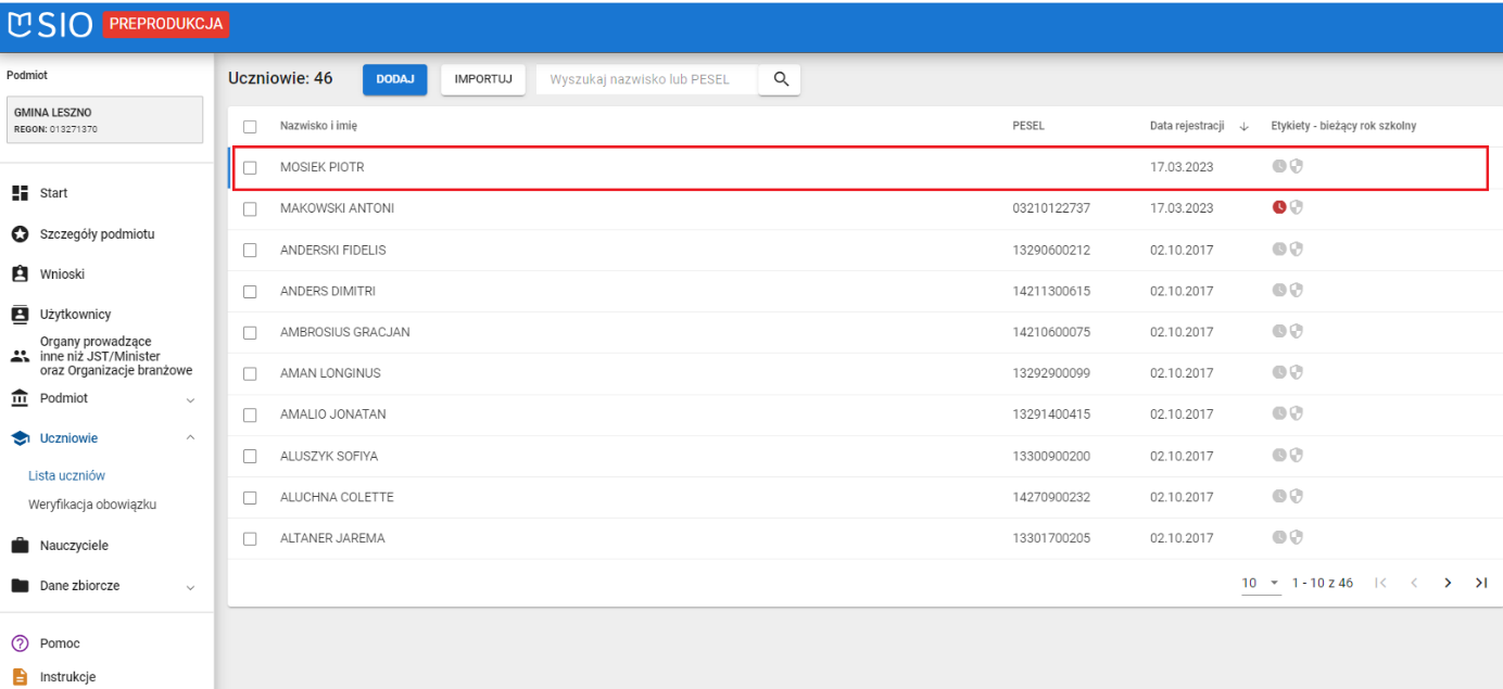 widok na wybór ucznia z listy zarejestrowanych 