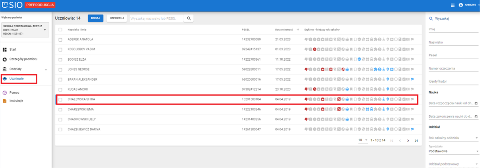 widok na wybrany wpis ucznia z listy uczniów 