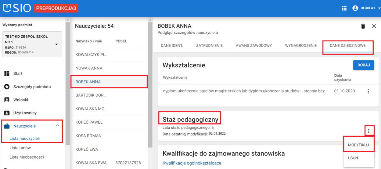 Widok na zakładkę Dane dziedzinowe- staż pedagogiczny, funkcję modyfikuj
