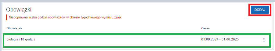 widok na zapisany obowiązek