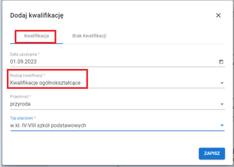 widok wypełnionego formularza kwalifikacji ogólnokształcących